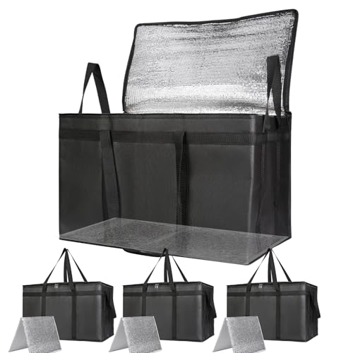 Bodaon 4-Pack Cooler Insulated Food Delivery Bag, Rideshare Delivery Bag, XXX-Large Thermal Bags for Catering/Hot Pizza, Travel/Camping/Picnic/Grocery Reusable Warmer Frozen, Black With Bottom - color: Black with Bottom, size: XXX-Large