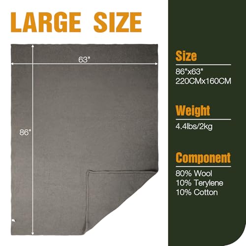 REDCAMP Wool Blanket, Warm and Thick Wool Camping Blanket- Great for Outdoors, Stadium Blanket, Picnics, Travel and Car, Machine Washable 86"x 63" Grey - color: 86"x 63" Grey