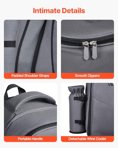 VEVOR Picnic Backpack, Beach Picnic Backpack Bag for 2 Person with Insulated Cooler Compartment, Detachable Bottle/Wine Holder, Lightweight Blanket, Plates and Cutlery Set for Hiking, Camping, Grey - size: single layer for 2 & gray