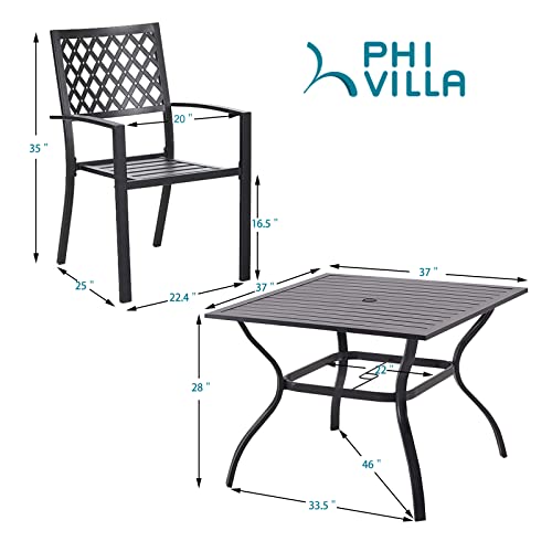 PHI VILLA 5 Pieces Outdoor Dining Set for 4, 37” Black Square Metal Table with Umbrella Hole & Stackable Wrought Iron Chairs, Outdoor Table and Chairs for Patio, Deck, Yard, Porch - color: Net Back Chair, size: 5pcs-37" Steel Table