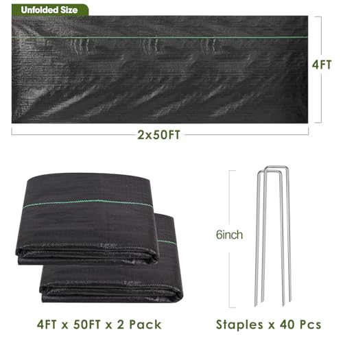 4FT x 100FT Weed Barrier Landscape Fabric, Weed Blocker Fabric Heavy Duty with 40 U-Shaped Staples, Landscaping Weed Control Mats Ground Cover for Garden Beds, Driveway, Underlayment - size: 4FT x 100FT