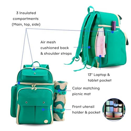 J World Picnic Backpack Cooler for 4. Insulated Picnic Basket Set with Folding Waterproof Blanket. Beach Camping Wedding Engagement Gift for Couples, Green - color: Green