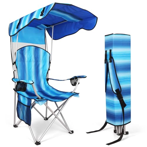 VTOY Portable Camping Chair with Canopy - Folding Chair with Canopy, Durable 600D Oxford Canopy Chair for Camping, Beach, Picnics, Fishing & Sports - color: 1pack Stripe Blue
