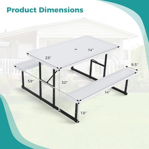 Giantex Picnic Table Bench Set for 4 People, 4.5FT Outdoor Rectangular Dining Table & 2 Benches w/Umbrella Hole, HDPE Tabletop, Metal Frame, Patio Garden Backyard Poolside (4.5FT,Non-Foldable,White) - color: White, size: Rectangle-54"x28"x30"