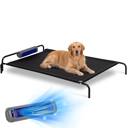 Tailwaggz Elevated Outdoor Dog Bed with Fan - Cooling Dog Bed for Large Dogs, Waterproof Cot Easy to Assemble, 3 Wind Speed, Raised Dog Bed with Washable Mesh Cover, Durable, Non Slip, Up to 105 lbs - size: Large