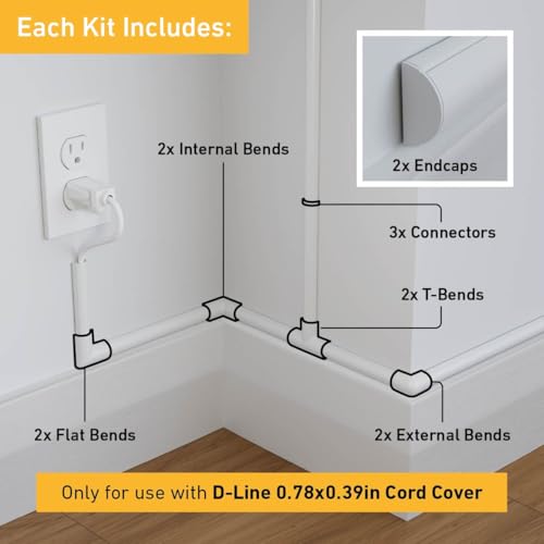 D-Line Cord Cover Accessory Pack - Only for use with 0.78in (W) x 0.39in (H) Lengths - color: White, size: 0.78x0.39in - Accessory Pack