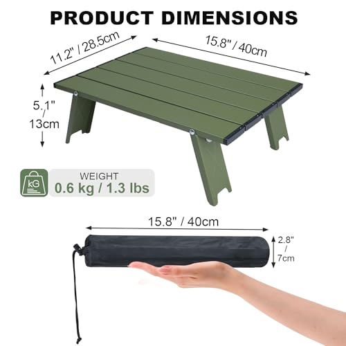 Small Folding Camping Table, Ultralight Portable Mini Beach Table with Carry Bag, Compact Low Side Picnic Tables Aluminum for Beach Camping, Green - color: Green