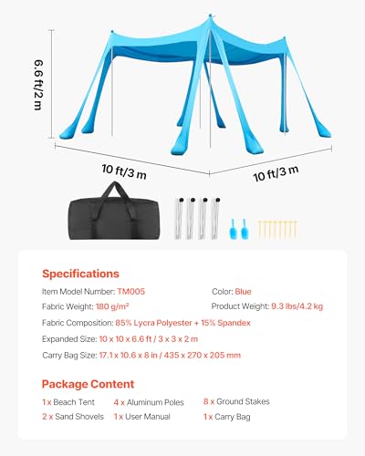 VEVOR Beach Tent Sun Shelter, UPF50+ Sun Protection, 6.6 ft Tall, 10 x 10 ft, Easy Pop Up Beach Canopy with Sandbags, Stability Poles, Sand Shovels, Portable Shade for Family, Camping, Fishing, Blue
