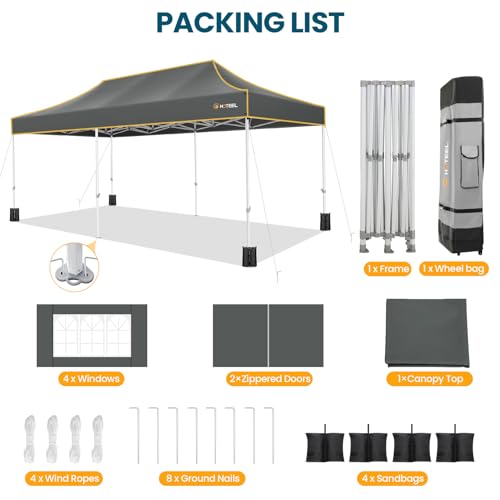 Hoteel 10x20 Pop Up Canopy Tent Heavy Duty with 6 Sidewalls, Waterproof Party Tent, Easy Set-up Commercial Instant Tents with Roller Bag & Sandbags, Hexagonal Leg (1-Year Warranty) - color: Gray, size: 10×20 （6 Walls）
