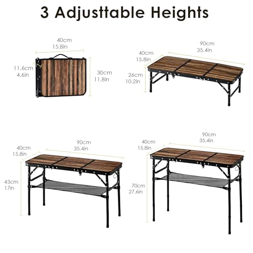 Folding Picnic Table 3ft Portable Camping Table with Adjustable Heights Lightweight Aluminum Foldable Small Card Table for Outdoor Indoor Camp Backyard BBQ - color: Wood Grain Pro Max 35.4”x 15.8”
