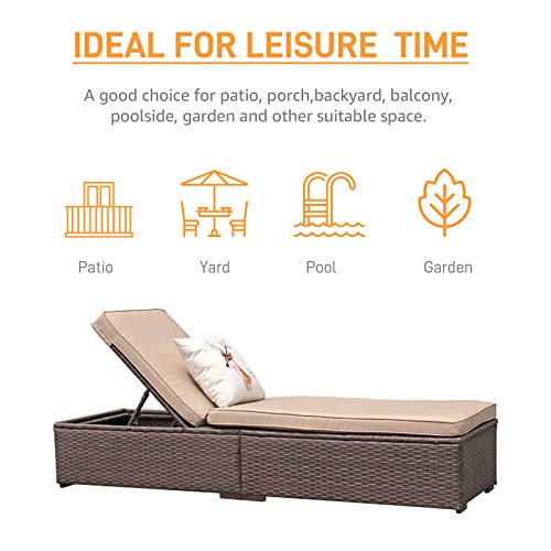 Patiorama Patio Chaise Lounge Chair, Sun Lounger, Outdoor Pool Beach Brown PE Rattan Wicker Reclining Chair W/Adjustable Backrest, Weather Cover, and Removable Cushion (Beige) - color: Brown