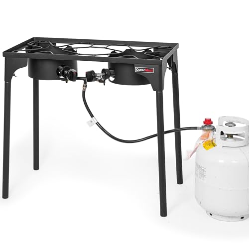 OuterMust 2 Burner Propane Gas Stove with 0-3 PSI Adjustable Regulator and Removable Legs Gas Burners for Cooking Perfect for Home Brewing, Seafood Boil and Camping - size: Dual Burner - Standard