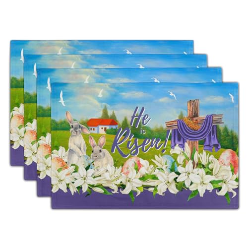 Easter Placemats Set of 4, 12x18 Inch Farmhouse Flowers Bunny Place Mat Heat Resistant Washable Rectangle Dining Table Mat Seasonal Holiday Outdoor Indoor Dinner Party Decoration - color: Easter Bunny Flowers