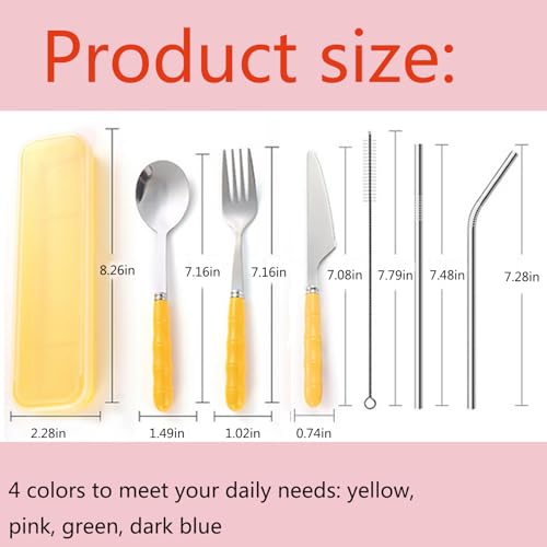 4 Colors Portable Travel Utensils with Case, Reusable Stainless Steel Cutlery Include Knife Fork Spoon Straw for Travel Camping Office