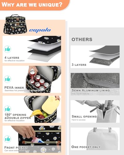 Capolo Lunch Box for Women Men Adults,Double Deck Insulated Lunch Bag Leakproof Lunch Cooler Box with Removable Strap Lunch Tote Bags Reusable Thermal Lunchbox for Work Picnic(Large,Black Flower) - color: Black Flower, size: Large