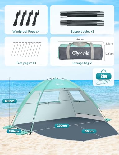 Glymnis Beach Tent Sun Shelter for 3 Person with UPF 50+ UV Protection, Lightweight & Easy Setup Beach Shade Canopy with Vent Windows & Zippered Door - Green - color: Green, size: 3 Person