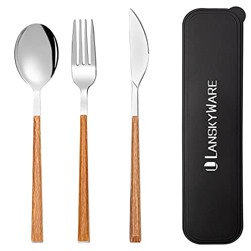 Portable Utensils Set with Case 18/8 Stainless Steel Silverware Sets Reusable Utensils Set Knife Fork and Spoon with Case 3 PCS Set Ideal for Travel Camping - color: Light Brown - 3 PCs