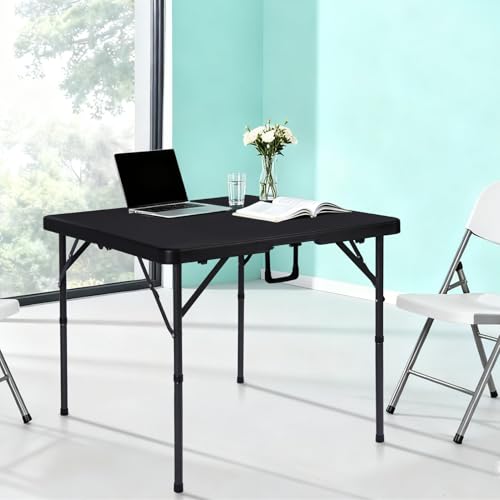pollilar 34" Folding Card Table Square Foldable Table Plastic Portable with Detachable Legs, Dual Height Adjustable, Heavy-Duty Indoor Outdoor Dining, Game, Picnic, Mahjong Tables-Black - color: Black