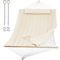 SUNCREAT 2 Person Hammock with Hardwood Spreader Bar, Outdoor Rope Hammock with Polyester Pad, 475 lbs Capacity, Beige - color: White