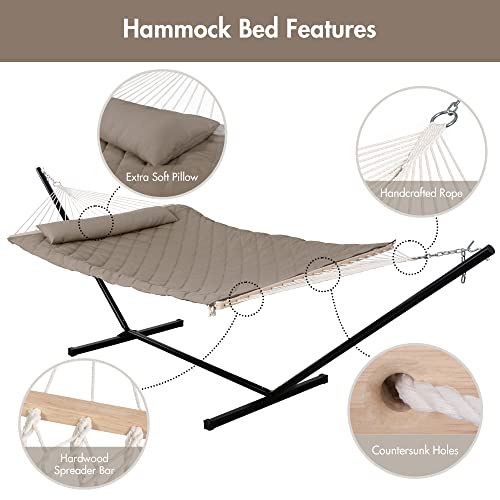 ANOW 2 Person Hammock with 12FT Heavy Duty Steel Stand, Double Rope Hammock with Detachable Pillow and Pad for Outdoors Indoors, 450 LBS Weight Capacity, Light Brown - color: Light Brown, size: With Stand