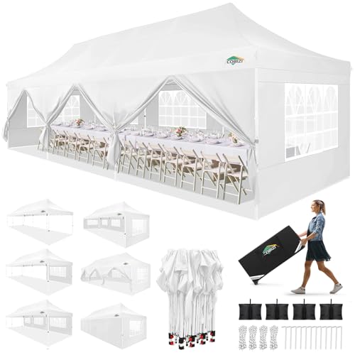 COBIZI 10x30 Pop up Canopy with Roller Bag & 8 Removable Sidewalls, Canopy Tent for Parties, Wedding, and Commercials, Waterproof and Instant Shelter UV50+ Outdoor Gazebo with 4 Sandbags(White) - color: White, size: 10x30FT