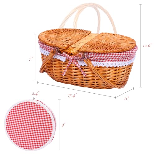 Wicker Picnic Basket with Handle, 15" Large Picnic Basket with Lid & Removable Liner, Vintage Hand Woven Basket with Cutlery Set for Picnics, Camping, Thanksgiving, and Birthday - color: Red-white Grid, size: 4-person