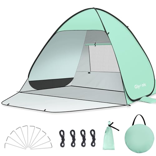 Glymnis Pop Up Beach Tent Beach Shade Tent for 1-4 Persons Sun Shelter UPF 50+ Enclose Zipper Door Portable Easy Up Beach Tent - style: Green for 3-4 Person