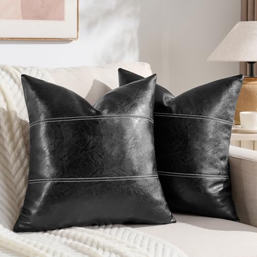 Fancy Homi 2 Packs Black Boho Faux Leather Decorative Throw Pillow Covers 18x18 Inch for Living Room Couch Bed Sofa, Rustic Modern Farmhouse Home Decor, Hand Stitched Square Cushion Case 45x45 cm - color: Black, size: 18" x 18" (Pack of 2)