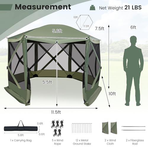 Tangkula 11.5x11.5 Ft Pop Up Gazebo with Netting, Portable Screen Tent with 6 Sided Mesh Walls, 2 Sunshade Cloths, Outdoor Instant Canopy Shelter with Carry Bag for Camping, Lawn, Backyard - color: Green, size: 11.5x11.5 Ft