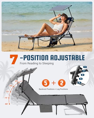KingCamp Lounge Chair with face Hole & Canopy Shade, 400LBS Folding Portable Tanning Chair with face Hole, Adjustable 5-Position Foldable Beach Sun Tanning Chair for Outside Beach Patio Outdoor Pool - color: C*skyshade Canopy——grey Canopy, style: 400lbs&P