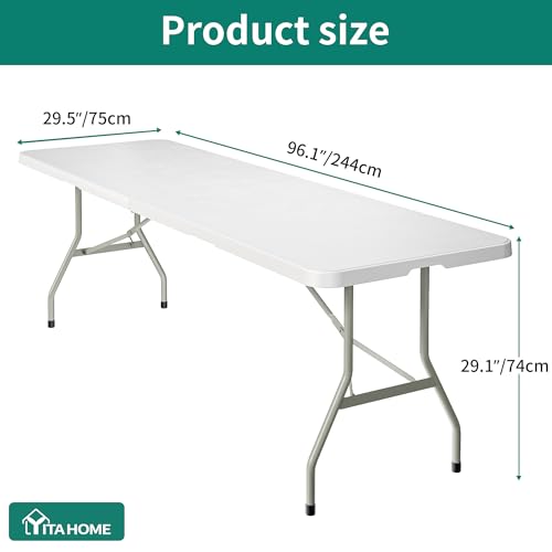 YITAHOME 8FT Folding Tables, Heavy Duty Folding Table with Carrying Handle, Plastic Fold up Table for Outdoor Camping Picnic Parties/Indoor Events, White - color: White