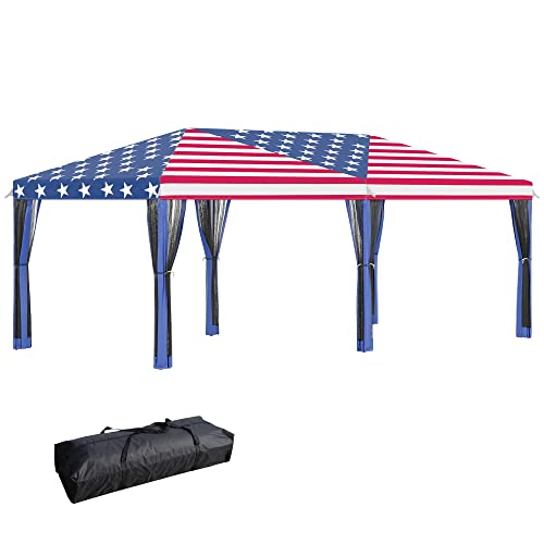 10' X 20' Pop Up Canopy Gazebo Tent with Netting, Heavy Duty Instant Sun Shelter with Carry Bag, Portable Large Tents for Parties for Outdoor, Garden, Patio, American Flag Pattern Event Tent