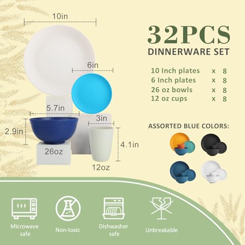 Wrova Wheat Straw Dinnerware Set of 32,Unbreakable Dinner Plates and Bowls Dishes Sets Service for 8,Dishwasher Safe Dinnerware Sets for Kitchen and Camping.Island Series - color: Island Series, size: 32 Pack