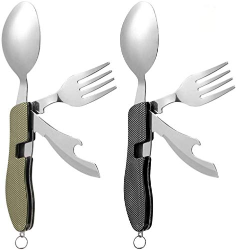 2Pcs Detachable Camping Utensils Cutlery Set, Caudblor Portable 4 in 1 Stainless Steel Travel Utensil, Foldable Knife Fork Spoon Bottle Opener, Multi Function Eating Flatware Tableware(Green Black)