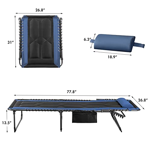 Flamaker Folding Chaise Lounge Outdoor Portable Lounge Chairs 4-Position Adjustable Camping Lounge Chair with Pillow & Side Bag Lightweight Recliner Sunbathing Chair for Pool Beach Deck (Blue) - color: Blue