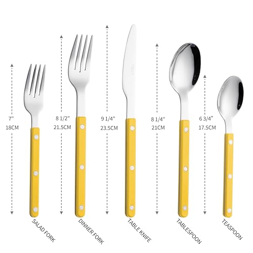ANNOVA Silverware Set, Retro/Rivet Colorful Stainless Steel Tableware Kitchen Flatware Set Utensils, Includes Dinner Knives, Forks, Spoons, Salad Forks & Dessert Spoons (Yellow, 10 Pieces) - color: Yellow