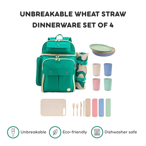 J World Picnic Backpack Cooler for 4. Insulated Picnic Basket Set with Folding Waterproof Blanket. Beach Camping Wedding Engagement Gift for Couples, Green - color: Green