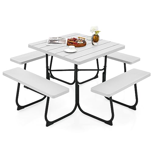 Giantex Picnic Table Set for 8 Persons, Outdoor Table and Bench with Umbrella Hole, HDPE Top & Metal Frame, 500LBS Capacity, Square Patio Table Bench for Deck Backyard Garden (White) - color: White, size: Square-35"x35"x30"