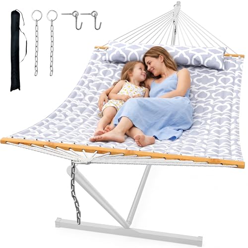 ANAGOO Double Quilted Outdoor Hammock for 2 Adults, 500lb Capacity Backyard & Camping Hammock with Pillow and Bamboo Spreader Bar, Fits 11–15ft Hammock Stands (Stand Not Included),White Gray - color: White Gray(without Stand)