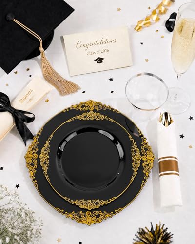 Nervure 350PCS Black Plastic Plates - Black Plastic Dinnerware Sets for 50 Guests - 100 Disposable Plates, 150 Gold Silverware, 50 Cups, 50 Napkins for Wedding & Party & Graduation & Retirement - color: Black