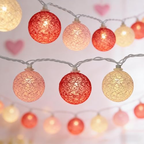 Red Pink and White Cotton Ball String Lights, 8.5Ft Valentine's Day Plug in Fairy Lights with 10 LED Colored Cotton Ball Bulbs, Hanging Globe Cozy Lighting for Girls Bedroom Party Birthday Home Decor - color: Pink Red White Cotton Ball