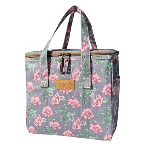 Kwang Min Floral Insulated Lunch Bag for Women,Reusable Lunch Box,Large Cooler for Office,Picnic Outdoors,Premium Quality Waterproof Fabric,Ideal Gift for Outdoors and work (Gray Poppy) - color: Gray Poppy