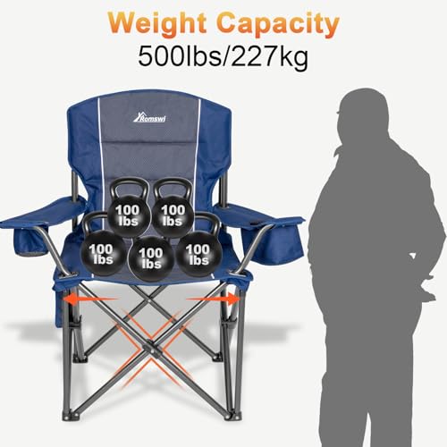 Romswi Oversized Camping Chairs,Heavy Duty Support 500 LBS,Padded Back & Arm Sport Chairs, Cup Holder Cooler Bag, Collapsible Folding Chairs for Outdoor, Fishing & Garden, Blue,2-Pack - color: Blue