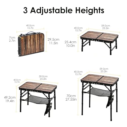 Folding Picnic Table 2ft Portable Camping Table with Extra Cloth Pouch Adjustable Heights Lightweight Aluminum Small Outdoor Card Table for Outside Indoor Camp Cooking BBQ - color: Wood Grain Pro
