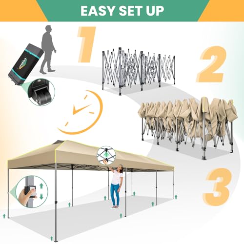 COBIZI 10x30 Pop Up Canopy, Wedding Party Tent Without Sidewall One Push Setup Glow, 3 Adjustable Height Air Vent Waterproof UPF50+, Wheeled Bag, 4 Sandbag, 8 Stake, Ropes for Commercial, Outdoor - color: Khaki, size: 10x30