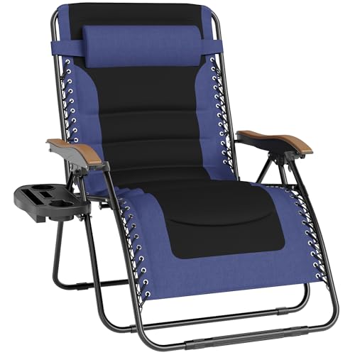PHI VILLA XXL Oversized Padded Zero Gravity Chair, Foldable Patio Recliner, 30" Wide Seat Anti Gravity Lounger with Cup Holder, Support 400 LBS (Navy Blue) - color: Navy Blue, style: 1 Pcs
