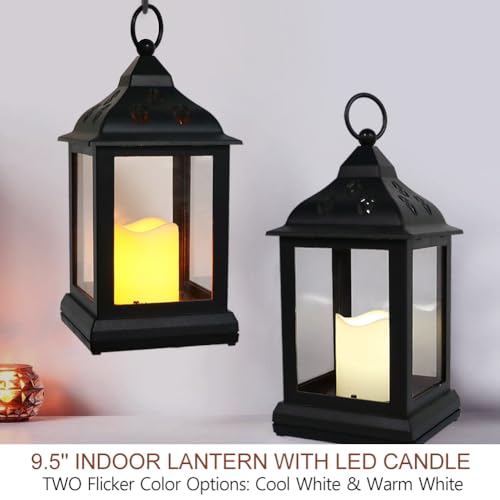 2-Pack 9.5" Vintage Decorative Candle Lantern with LED Flickering Flameless Candle (Black, 6-Key Remote) - Indoor Hanging Lanterns Decorative Lanterns Battery Powered LED Candle & Remote - color: [2-pack] Black - 6-key Remote Included