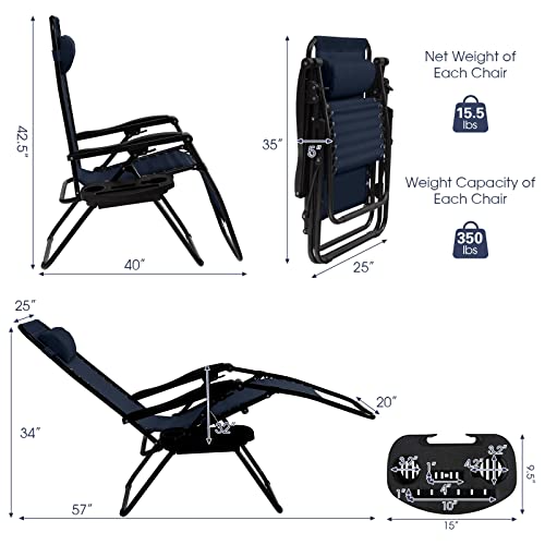 Goplus Zero Gravity Lounge Chairs, 160°Adjustable Folding Recliner w/Pillow and Cup Holder, 350LBS Comfy Outdoor Lounge Chairs for Patio, Lawn, Yard & Camp(1, Navy) - color: Navy, size: 35.4" x 25.2" x 43.3" (Set of 1)