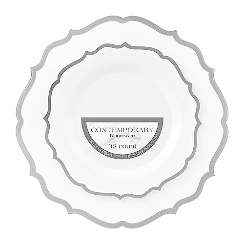 PLASTICPRO 32 Pack Elegant Disposable Plastic Plates Combo Set Includes 16 Dinner Plates and 16 Salad Plates Heavy Duty Fancy Party Plates White & Silver Contemporary Design - color: White & Silver Contemporary