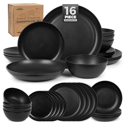 Grow Forward 16-piece Premium Wheat Straw Dinnerware Sets for 4 - Unbreakable Dishwasher & Microwave Safe Plastic Plates and Bowls Sets - Patio, Outdoors, RV, Camping Dishes - Midnight - color: Midnight Black
